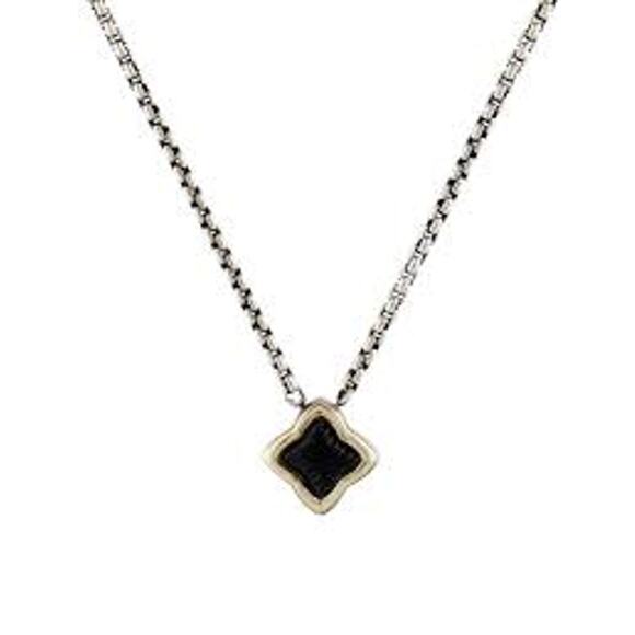 David Yurman Onyx Quatrefoil Sterling Silver & Gold Pendant Necklace 16in - Picture 1 of 7